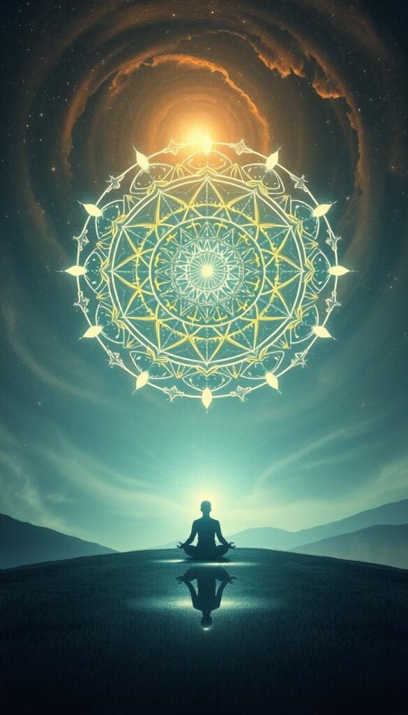 A serene, ethereal landscape with a glowing, ethereal mandala suspended in the air, radiating light and energy. In the foreground, a lone figure sits in a meditative pose, their aura shimmering with the numerical patterns of numerology. The background is a swirling cosmos of stars and nebulae, hinting at the deep connections between the cosmic and the personal. The lighting is soft and diffuse, creating a mood of introspection and spiritual contemplation. The overall style is a blend of realism and surrealism, conveying the mystical significance of numerology in guiding one's life journey. A serene, ethereal landscape with a glowing, ethereal mandala suspended in the air, radiating light and energy. In the foreground, a lone figure sits in a meditative pose, their aura shimmering with the numerical patterns of numerology. The background is a swirling cosmos of stars and nebulae, hinting at the deep connections between the cosmic and the personal. The lighting is soft and diffuse, creating a mood of introspection and spiritual contemplation. The overall style is a blend of realism and surrealism, conveying the mystical significance of numerology in guiding one's life journey.