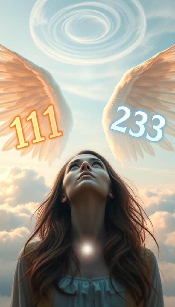 A serene, ethereal scene depicting real-life examples of angel numbers. In the foreground, a woman gazes upwards, her face illuminated by a soft, celestial glow. Hovering around her are vibrant, translucent numerals - 111, 222, 333 - each representing a significant message from the divine. The middle ground features a dreamy, pastel-hued landscape, with clouds swirling gently overhead. In the background, a pair of majestic angel wings unfurl, casting a warm, protective embrace over the entire composition. The lighting is soft and diffused, creating an atmosphere of tranquility and spiritual connection. Captured with a wide-angle lens to convey a sense of expansiveness and wonder. A serene, ethereal scene depicting real-life examples of angel numbers. In the foreground, a woman gazes upwards, her face illuminated by a soft, celestial glow. Hovering around her are vibrant, translucent numerals - 111, 222, 333 - each representing a significant message from the divine. The middle ground features a dreamy, pastel-hued landscape, with clouds swirling gently overhead. In the background, a pair of majestic angel wings unfurl, casting a warm, protective embrace over the entire composition. The lighting is soft and diffused, creating an atmosphere of tranquility and spiritual connection. Captured with a wide-angle lens to convey a sense of expansiveness and wonder.