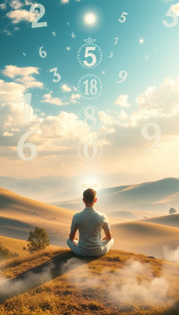 A serene, ethereal scene depicting the application of angel numbers in daily life. In the foreground, a person sits in a meditative pose, their aura emanating a soft, celestial glow. Surrounding them, intricate numerical symbols float in the air, each representing a specific angel number. In the middle ground, glimpses of everyday objects and activities are visible, hinting at the integration of these divine messages into the mundane. The background features a dreamlike landscape, with rolling hills, scattered clouds, and a warm, golden light infusing the entire composition. The overall atmosphere is one of tranquility, enlightenment, and a profound connection between the spiritual and the material realms. A serene, ethereal scene depicting the application of angel numbers in daily life. In the foreground, a person sits in a meditative pose, their aura emanating a soft, celestial glow. Surrounding them, intricate numerical symbols float in the air, each representing a specific angel number. In the middle ground, glimpses of everyday objects and activities are visible, hinting at the integration of these divine messages into the mundane. The background features a dreamlike landscape, with rolling hills, scattered clouds, and a warm, golden light infusing the entire composition. The overall atmosphere is one of tranquility, enlightenment, and a profound connection between the spiritual and the material realms.
