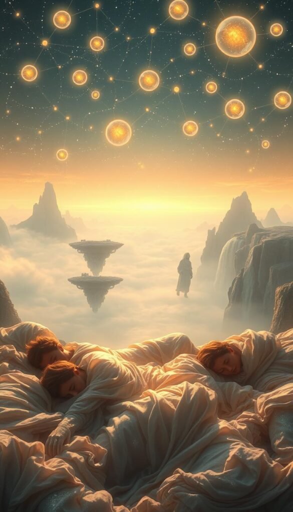 A serene, ethereal scene depicting the prevalence of sleep. In the foreground, a cluster of slumbering figures, their bodies wrapped in shimmering, translucent fabrics, exuding a sense of tranquility. The middle ground features a vast, dreamlike landscape, with floating islands and cascading waterfalls, all bathed in a warm, diffuse glow. In the background, a constellation of glowing orbs, representing the universality of sleep, creates a mesmerizing, celestial atmosphere. The overall composition conveys the idea of the pervasiveness of sleep, both in the personal and cosmic realms, with a soft, spiritual aesthetic. A serene, ethereal scene depicting the prevalence of sleep. In the foreground, a cluster of slumbering figures, their bodies wrapped in shimmering, translucent fabrics, exuding a sense of tranquility. The middle ground features a vast, dreamlike landscape, with floating islands and cascading waterfalls, all bathed in a warm, diffuse glow. In the background, a constellation of glowing orbs, representing the universality of sleep, creates a mesmerizing, celestial atmosphere. The overall composition conveys the idea of the pervasiveness of sleep, both in the personal and cosmic realms, with a soft, spiritual aesthetic.