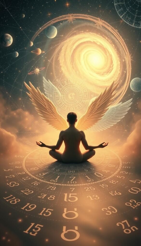 A serene, ethereal scene of a person meditating amidst a swirling vortex of angelic symbols and numerological patterns. Soft, warm lighting bathes the figure, creating an atmosphere of inner reflection and personal growth. In the background, a galaxy of stars and celestial bodies subtly hint at the cosmic interconnectedness of numerology and the divine. The composition is balanced, with the numerology and angel numbers filling the middle ground, drawing the viewer's eye to the central figure. The overall mood is one of introspection, spiritual enlightenment, and a sense of the individual's journey towards self-discovery through the lens of numerology and angel numbers. A serene, ethereal scene of a person meditating amidst a swirling vortex of angelic symbols and numerological patterns. Soft, warm lighting bathes the figure, creating an atmosphere of inner reflection and personal growth. In the background, a galaxy of stars and celestial bodies subtly hint at the cosmic interconnectedness of numerology and the divine. The composition is balanced, with the numerology and angel numbers filling the middle ground, drawing the viewer's eye to the central figure. The overall mood is one of introspection, spiritual enlightenment, and a sense of the individual's journey towards self-discovery through the lens of numerology and angel numbers.