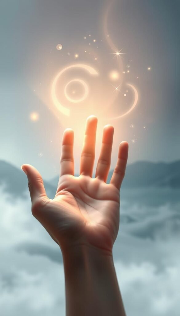 A serene, ethereal scene of healing blessings. In the foreground, a glowing, translucent hand hovers, emanating gentle, healing light. Swirling motes of energy drift and converge, forming a soothing aura around the hand. In the middle ground, an abstract, mandala-like design of soft, pastel colors and flowing lines radiates a sense of peace and tranquility. The background is a dreamy, almost dreamlike landscape, with a soft, diffused light illuminating the scene, creating an atmosphere of divine, spiritual comfort and protection. A serene, ethereal scene of healing blessings. In the foreground, a glowing, translucent hand hovers, emanating gentle, healing light. Swirling motes of energy drift and converge, forming a soothing aura around the hand. In the middle ground, an abstract, mandala-like design of soft, pastel colors and flowing lines radiates a sense of peace and tranquility. The background is a dreamy, almost dreamlike landscape, with a soft, diffused light illuminating the scene, creating an atmosphere of divine, spiritual comfort and protection.