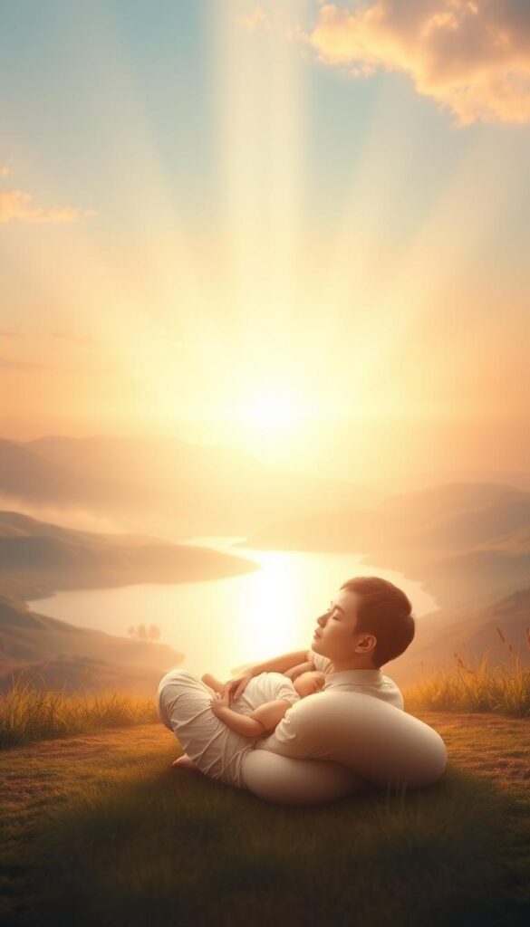 A serene, ethereal scene of mindful parenting. In the foreground, a parent sits cross-legged, eyes closed, hands resting gently in their lap, radiating a warm, calming presence. Their child nestled beside them, mirroring their pose, eyes filled with wonder and a sense of peaceful connection. The background is a soft, dreamlike landscape of rolling hills, a tranquil lake reflecting the sky's pastel hues. Rays of warm, golden light filter through, creating a luminous, introspective atmosphere. A subtle, spiritual energy permeates the scene, encouraging mindfulness, empathy, and the nurturing of the parent-child bond. A serene, ethereal scene of mindful parenting. In the foreground, a parent sits cross-legged, eyes closed, hands resting gently in their lap, radiating a warm, calming presence. Their child nestled beside them, mirroring their pose, eyes filled with wonder and a sense of peaceful connection. The background is a soft, dreamlike landscape of rolling hills, a tranquil lake reflecting the sky's pastel hues. Rays of warm, golden light filter through, creating a luminous, introspective atmosphere. A subtle, spiritual energy permeates the scene, encouraging mindfulness, empathy, and the nurturing of the parent-child bond.