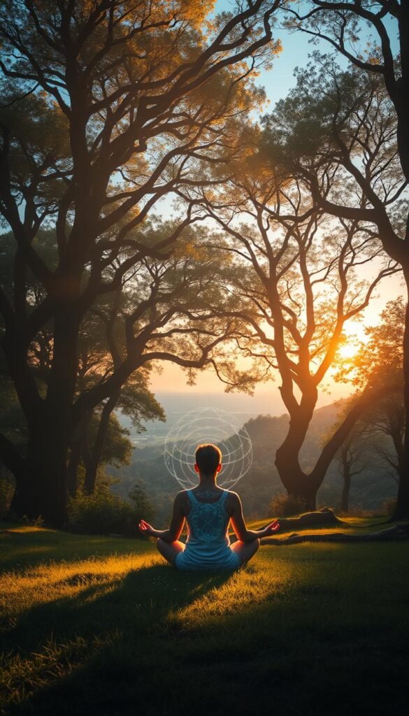 A serene forest glade, bathed in soft, golden light filtering through the canopy of ancient trees. In the foreground, a person sits cross-legged, their eyes closed in deep meditation, their aura radiating a sense of profound inner peace. Surrounding them, wisps of ethereal energy swirl and dance, casting a mystical glow upon the scene. The background reveals a distant horizon, where the sky fades from vibrant blues to warm hues of orange and pink, evoking a sublime, transcendent atmosphere. The overall composition conveys a profound sense of spiritual connection and the recognition of a deeply meaningful, transformative moment. A serene forest glade, bathed in soft, golden light filtering through the canopy of ancient trees. In the foreground, a person sits cross-legged, their eyes closed in deep meditation, their aura radiating a sense of profound inner peace. Surrounding them, wisps of ethereal energy swirl and dance, casting a mystical glow upon the scene. The background reveals a distant horizon, where the sky fades from vibrant blues to warm hues of orange and pink, evoking a sublime, transcendent atmosphere. The overall composition conveys a profound sense of spiritual connection and the recognition of a deeply meaningful, transformative moment.