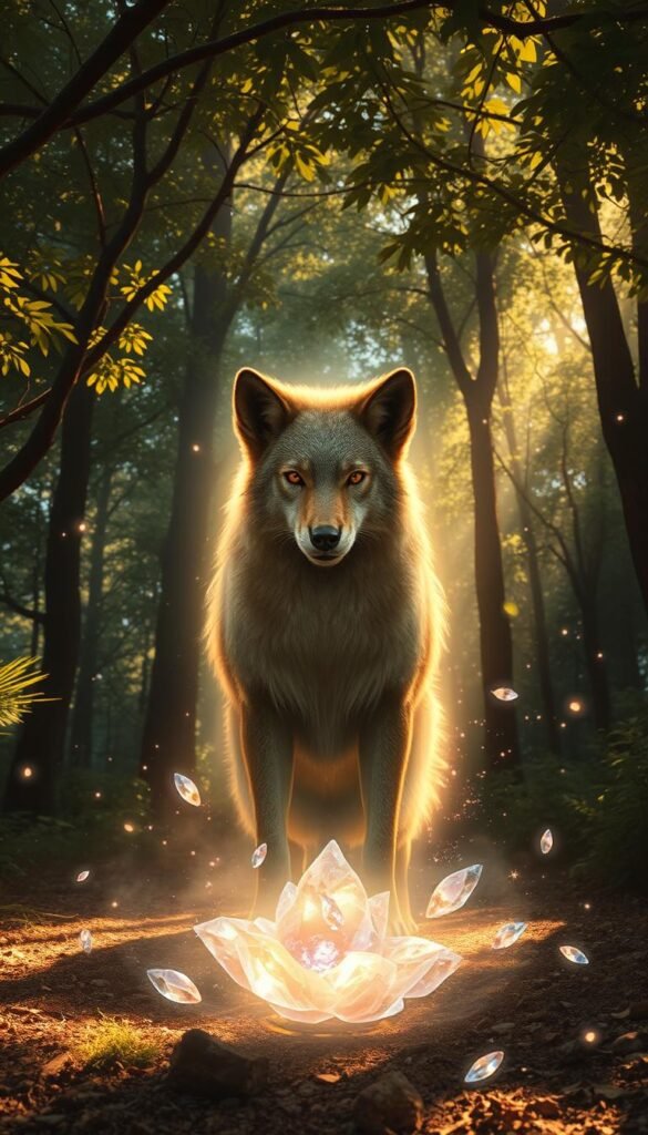 A serene forest glade, dappled sunlight filtering through lush canopy. In the center, a majestic animal spirit guide emerges, its eyes shining with ancient wisdom. Glowing aura surrounds the creature, radiating a sense of mystical connection. Floating crystals and ethereal wisps of energy dance around, creating an otherworldly, introspective atmosphere. Warm, earthy tones blend with vibrant splashes of color, evoking a deep, spiritual resonance. Composition is balanced, drawing the viewer's gaze to the central figure. Cinematic, high-detail rendering with a subtle, dreamlike quality. A serene forest glade, dappled sunlight filtering through lush canopy. In the center, a majestic animal spirit guide emerges, its eyes shining with ancient wisdom. Glowing aura surrounds the creature, radiating a sense of mystical connection. Floating crystals and ethereal wisps of energy dance around, creating an otherworldly, introspective atmosphere. Warm, earthy tones blend with vibrant splashes of color, evoking a deep, spiritual resonance. Composition is balanced, drawing the viewer's gaze to the central figure. Cinematic, high-detail rendering with a subtle, dreamlike quality.