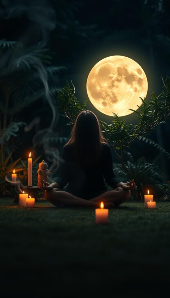 A serene full moon illuminates a tranquil garden, where a lone figure sits cross-legged in a state of deep meditation. Flickering candles and wisps of fragrant incense create an otherworldly ambiance, evoking a sense of mysticism and connection to the lunar cycles. The subject's face is partially obscured, conveying a sense of introspection and personal transformation. The lush foliage in the background adds depth and a touch of natural mysticism, while the soft, diffused lighting casts a warm, spiritual glow over the entire scene. This captivating image captures the essence of harnessing the power of the full moon for release, gratitude, and personal growth. A serene full moon illuminates a tranquil garden, where a lone figure sits cross-legged in a state of deep meditation. Flickering candles and wisps of fragrant incense create an otherworldly ambiance, evoking a sense of mysticism and connection to the lunar cycles. The subject's face is partially obscured, conveying a sense of introspection and personal transformation. The lush foliage in the background adds depth and a touch of natural mysticism, while the soft, diffused lighting casts a warm, spiritual glow over the entire scene. This captivating image captures the essence of harnessing the power of the full moon for release, gratitude, and personal growth.