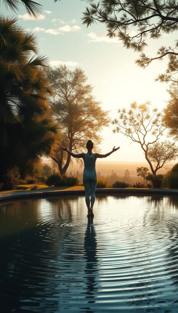A serene garden landscape with a tranquil pond, gently rippling water reflecting the sky. In the foreground, a person stands in a meditative pose, radiating an aura of inner peace and resilience. Soft, warm lighting filters through swaying trees, casting a dreamlike atmosphere. The background features a distant horizon, hinting at the boundless possibilities of transformation. The overall mood is one of harmony, growth, and a profound sense of personal empowerment. Cinematic, spiritual, and visually striking. A serene garden landscape with a tranquil pond, gently rippling water reflecting the sky. In the foreground, a person stands in a meditative pose, radiating an aura of inner peace and resilience. Soft, warm lighting filters through swaying trees, casting a dreamlike atmosphere. The background features a distant horizon, hinting at the boundless possibilities of transformation. The overall mood is one of harmony, growth, and a profound sense of personal empowerment. Cinematic, spiritual, and visually striking.