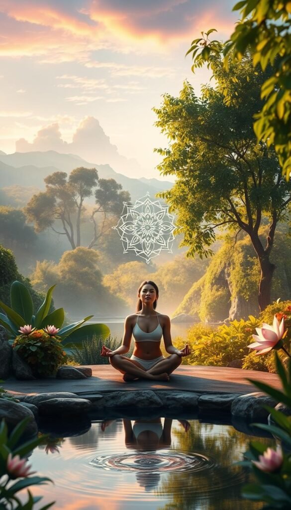 A serene garden oasis, bathed in soft, warm light, with a tranquil pond reflecting the lush foliage and a gentle breeze stirring the air. In the foreground, a person sits cross-legged in a meditative pose, their eyes closed and expression peaceful, embodying the essence of mindfulness and spiritual connection. The middle ground features beautiful, symbolic elements like a blooming lotus flower, a celestial mandala, and gently swaying trees. The background showcases a picturesque, ethereal landscape with rolling hills, a vibrant sky, and a sense of limitless possibility. The overall mood is one of profound calm, introspection, and a deep appreciation for the restorative power of mindfulness and spiritual practice. A serene garden oasis, bathed in soft, warm light, with a tranquil pond reflecting the lush foliage and a gentle breeze stirring the air. In the foreground, a person sits cross-legged in a meditative pose, their eyes closed and expression peaceful, embodying the essence of mindfulness and spiritual connection. The middle ground features beautiful, symbolic elements like a blooming lotus flower, a celestial mandala, and gently swaying trees. The background showcases a picturesque, ethereal landscape with rolling hills, a vibrant sky, and a sense of limitless possibility. The overall mood is one of profound calm, introspection, and a deep appreciation for the restorative power of mindfulness and spiritual practice.