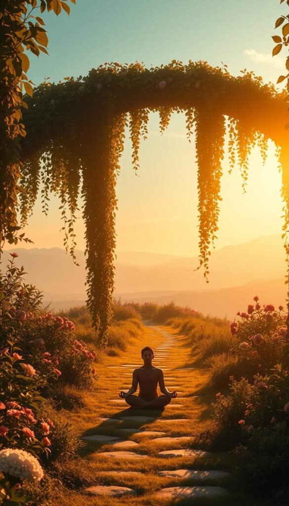 A serene garden oasis, bathed in warm, golden light. In the foreground, a figure sits in a meditative pose, eyes closed, their expression calm and centered. Cascading vines and blooming flowers surround them, symbolizing the lush, spiritual growth and inner harmony. In the middle ground, a path winds through the garden, inviting the viewer to follow and embark on their own journey of self-discovery. The background features a distant, ethereal landscape, with mountains and a vast, open sky, suggesting the expansive nature of the karmic lessons being explored. The overall scene conveys a sense of tranquility, introspection, and the practical application of spiritual teachings. A serene garden oasis, bathed in warm, golden light. In the foreground, a figure sits in a meditative pose, eyes closed, their expression calm and centered. Cascading vines and blooming flowers surround them, symbolizing the lush, spiritual growth and inner harmony. In the middle ground, a path winds through the garden, inviting the viewer to follow and embark on their own journey of self-discovery. The background features a distant, ethereal landscape, with mountains and a vast, open sky, suggesting the expansive nature of the karmic lessons being explored. The overall scene conveys a sense of tranquility, introspection, and the practical application of spiritual teachings.