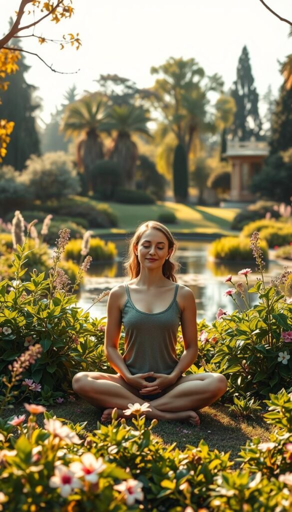 A serene garden oasis, bathed in warm, golden light. In the foreground, a person sits cross-legged, eyes closed, hands resting peacefully in their lap. Their expression is one of deep contemplation, a soft smile gracing their features. Surrounding them, lush vegetation thrives, with verdant leaves and delicate flowers in shades of pink, lavender, and white. In the middle ground, a picturesque pond reflects the tranquil scene, its surface gently rippling. Farther back, towering trees sway gently in a light breeze, their branches casting dappled shadows across the landscape. The overall atmosphere is one of tranquility, balance, and a harmonious fusion of mindfulness and physical well-being. A serene garden oasis, bathed in warm, golden light. In the foreground, a person sits cross-legged, eyes closed, hands resting peacefully in their lap. Their expression is one of deep contemplation, a soft smile gracing their features. Surrounding them, lush vegetation thrives, with verdant leaves and delicate flowers in shades of pink, lavender, and white. In the middle ground, a picturesque pond reflects the tranquil scene, its surface gently rippling. Farther back, towering trees sway gently in a light breeze, their branches casting dappled shadows across the landscape. The overall atmosphere is one of tranquility, balance, and a harmonious fusion of mindfulness and physical well-being.