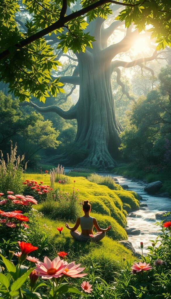 A serene garden oasis, filled with lush greenery and vibrant flowers. In the foreground, a person sits in a meditative pose, their eyes closed, exuding a sense of inner peace. Dappled sunlight filters through the branches, casting a warm, golden glow across the scene. In the middle ground, a flowing stream meanders through the landscape, its gentle sound creating a calming ambiance. The background is dominated by a towering, ancient tree, its branches reaching skyward, symbolizing the connection between the physical and spiritual realms. The overall mood is one of tranquility and balance, reflecting the harmony of the mind, body, and soul. A serene garden oasis, filled with lush greenery and vibrant flowers. In the foreground, a person sits in a meditative pose, their eyes closed, exuding a sense of inner peace. Dappled sunlight filters through the branches, casting a warm, golden glow across the scene. In the middle ground, a flowing stream meanders through the landscape, its gentle sound creating a calming ambiance. The background is dominated by a towering, ancient tree, its branches reaching skyward, symbolizing the connection between the physical and spiritual realms. The overall mood is one of tranquility and balance, reflecting the harmony of the mind, body, and soul.