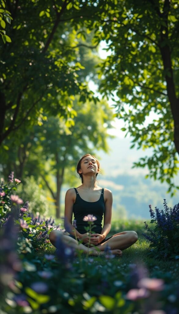 A serene garden oasis, sunlight dappling through the canopy of verdant trees. In the foreground, a person sits cross-legged, eyes closed, lost in deep contemplation. Their expression radiates a profound sense of tranquility and inner peace. The middle ground features lush, vibrant foliage, with delicate flowers in hues of lavender, pink, and indigo. In the background, a distant, softly-blurred landscape, hinting at the expansiveness of the natural world. The overall atmosphere is one of harmony, balance, and emotional well-being, captured through an ethereal, almost spiritual lens. A serene garden oasis, sunlight dappling through the canopy of verdant trees. In the foreground, a person sits cross-legged, eyes closed, lost in deep contemplation. Their expression radiates a profound sense of tranquility and inner peace. The middle ground features lush, vibrant foliage, with delicate flowers in hues of lavender, pink, and indigo. In the background, a distant, softly-blurred landscape, hinting at the expansiveness of the natural world. The overall atmosphere is one of harmony, balance, and emotional well-being, captured through an ethereal, almost spiritual lens.