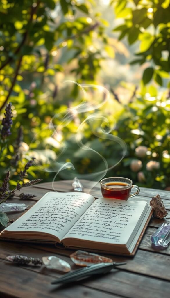 A serene garden oasis, sunlight filtering through lush foliage. On a wooden table, an open journal with flowing script, surrounded by crystals, feathers, and a cup of herbal tea. Soft hues of lavender, sage, and quartz create a calming atmosphere. Ethereal wisps of energy emanate from the journal pages, visualizing the manifested intentions. A mystical, meditative ambiance pervades the scene, inviting one to pause, reflect, and harness the transformative power of manifestation journaling. A serene garden oasis, sunlight filtering through lush foliage. On a wooden table, an open journal with flowing script, surrounded by crystals, feathers, and a cup of herbal tea. Soft hues of lavender, sage, and quartz create a calming atmosphere. Ethereal wisps of energy emanate from the journal pages, visualizing the manifested intentions. A mystical, meditative ambiance pervades the scene, inviting one to pause, reflect, and harness the transformative power of manifestation journaling.