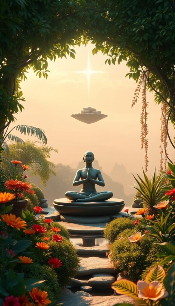 A serene garden oasis, with a central figure in lotus position, eyes closed, radiating a sense of inner calm. The foreground features lush greenery, vibrant blooms, and a calming water feature. The middle ground showcases a floating island of rocks, symbolizing the grounding of mindfulness. The background depicts a distant, hazy landscape, bathed in a warm, diffused light, creating a dreamlike, contemplative atmosphere. The entire scene is imbued with a vibrant, spiritual energy, inviting the viewer to engage in a moment of stillness and reflection. A serene garden oasis, with a central figure in lotus position, eyes closed, radiating a sense of inner calm. The foreground features lush greenery, vibrant blooms, and a calming water feature. The middle ground showcases a floating island of rocks, symbolizing the grounding of mindfulness. The background depicts a distant, hazy landscape, bathed in a warm, diffused light, creating a dreamlike, contemplative atmosphere. The entire scene is imbued with a vibrant, spiritual energy, inviting the viewer to engage in a moment of stillness and reflection.