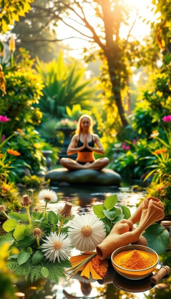 A serene garden oasis with lush greenery and vibrant flora, illuminated by warm, golden sunlight. In the foreground, a person practicing gentle yoga or meditation, symbolizing holistic wellness and inner balance. In the middle ground, a selection of natural liver-cleansing herbs and superfoods, such as milk thistle, dandelion, and turmeric, arranged with care. The background features a tranquil stream or pond, its reflective surface creating a sense of harmony and connection with nature. The overall scene evokes a spiritual, rejuvenating atmosphere, inspiring the viewer to embrace preventive measures for a healthy liver. A serene garden oasis with lush greenery and vibrant flora, illuminated by warm, golden sunlight. In the foreground, a person practicing gentle yoga or meditation, symbolizing holistic wellness and inner balance. In the middle ground, a selection of natural liver-cleansing herbs and superfoods, such as milk thistle, dandelion, and turmeric, arranged with care. The background features a tranquil stream or pond, its reflective surface creating a sense of harmony and connection with nature. The overall scene evokes a spiritual, rejuvenating atmosphere, inspiring the viewer to embrace preventive measures for a healthy liver.