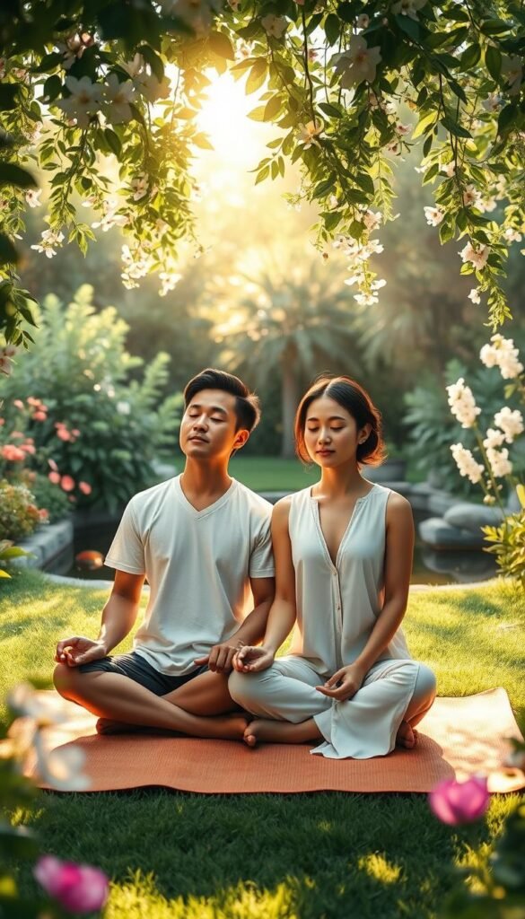 A serene garden setting with a couple sitting cross-legged on a meditation mat, surrounded by lush greenery and blooming flowers. Gentle sunlight filters through the canopy, casting a warm, tranquil glow. The couple's eyes are closed, their expressions peaceful and focused, as they practice mindful connection with each other and their surroundings. In the background, a small koi pond reflects the natural beauty of the scene. The overall mood is one of inner calm, unity, and a deep appreciation for the present moment. A serene garden setting with a couple sitting cross-legged on a meditation mat, surrounded by lush greenery and blooming flowers. Gentle sunlight filters through the canopy, casting a warm, tranquil glow. The couple's eyes are closed, their expressions peaceful and focused, as they practice mindful connection with each other and their surroundings. In the background, a small koi pond reflects the natural beauty of the scene. The overall mood is one of inner calm, unity, and a deep appreciation for the present moment.