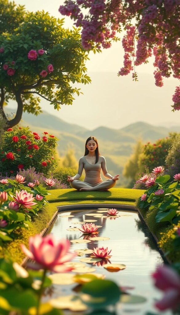 A serene garden setting with a person sitting in a meditative lotus position, surrounded by lush greenery and vibrant blooming flowers. The lighting is soft and diffused, creating a warm, calming atmosphere. In the middle ground, a tranquil water feature with a gentle stream and floating lotus blossoms. The background features rolling hills and a hazy, dreamlike landscape. The overall composition conveys a sense of inner peace, focus, and connection with nature. The figure's pose and facial expression radiate mindfulness and introspection. A serene garden setting with a person sitting in a meditative lotus position, surrounded by lush greenery and vibrant blooming flowers. The lighting is soft and diffused, creating a warm, calming atmosphere. In the middle ground, a tranquil water feature with a gentle stream and floating lotus blossoms. The background features rolling hills and a hazy, dreamlike landscape. The overall composition conveys a sense of inner peace, focus, and connection with nature. The figure's pose and facial expression radiate mindfulness and introspection.