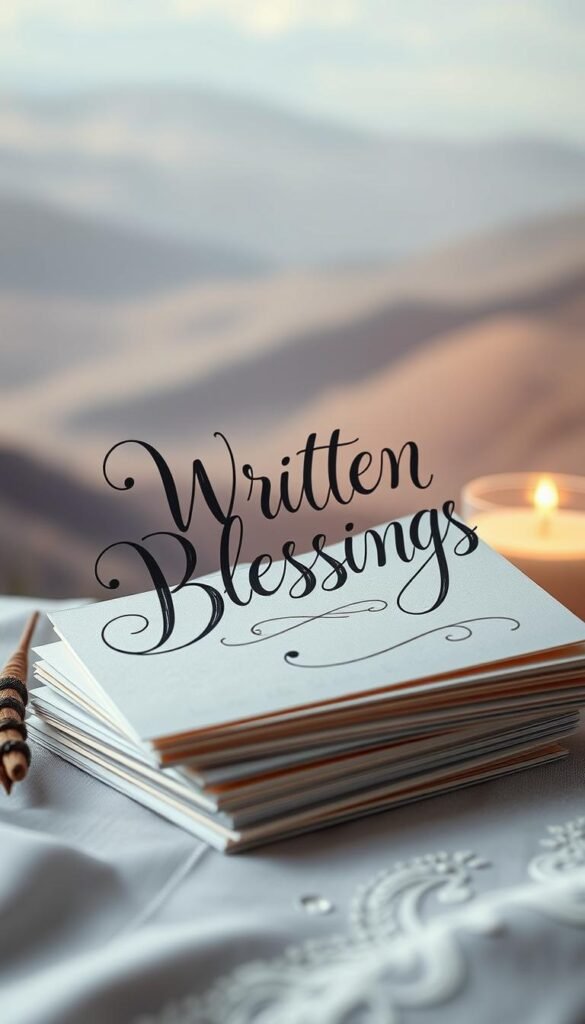 A serene, hand-lettered calligraphy with intricate flourishes and embellishments, adorning a stack of handwritten notes and cards. The soft, warm lighting casts a gentle glow, creating a contemplative atmosphere. In the background, a dreamy, ethereal landscape with muted, soothing tones, subtly framing the written blessings. The overall composition exudes a sense of thoughtfulness, inspiration, and the power of words to convey spiritual upliftment. Intricate details, balanced composition, and a meditative mood capture the essence of "Written Blessings: Cards, Letters and Messages". A serene, hand-lettered calligraphy with intricate flourishes and embellishments, adorning a stack of handwritten notes and cards. The soft, warm lighting casts a gentle glow, creating a contemplative atmosphere. In the background, a dreamy, ethereal landscape with muted, soothing tones, subtly framing the written blessings. The overall composition exudes a sense of thoughtfulness, inspiration, and the power of words to convey spiritual upliftment. Intricate details, balanced composition, and a meditative mood capture the essence of "Written Blessings: Cards, Letters and Messages".
