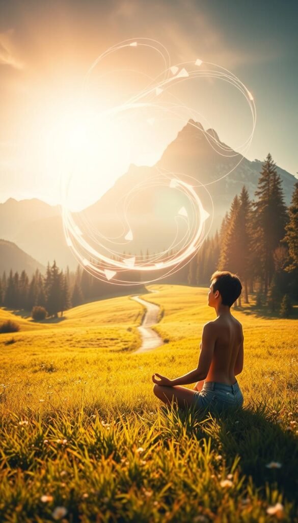 A serene, idyllic meadow bathed in warm, golden sunlight. In the foreground, a person sits in a meditative pose, their eyes closed as they visualize their goals and aspirations. Swirling, ethereal energy flows around them, manifesting as pastel-hued wisps and geometric shapes. The middle ground reveals a winding path leading into a distant, lush forest, hinting at the journey ahead. In the background, a majestic mountain range stands tall, its peaks piercing the heavens, symbolizing the heights one can reach through the power of focused visualization. The overall tone is one of tranquility, spirituality, and a sense of boundless potential. A serene, idyllic meadow bathed in warm, golden sunlight. In the foreground, a person sits in a meditative pose, their eyes closed as they visualize their goals and aspirations. Swirling, ethereal energy flows around them, manifesting as pastel-hued wisps and geometric shapes. The middle ground reveals a winding path leading into a distant, lush forest, hinting at the journey ahead. In the background, a majestic mountain range stands tall, its peaks piercing the heavens, symbolizing the heights one can reach through the power of focused visualization. The overall tone is one of tranquility, spirituality, and a sense of boundless potential.