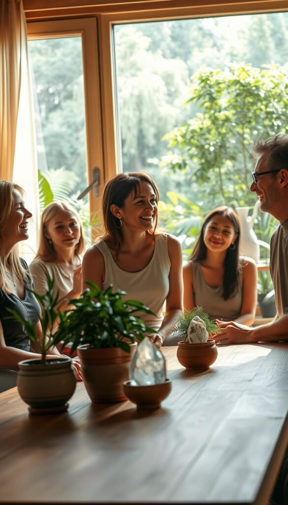 A serene indoor scene bathed in warm, natural lighting. In the foreground, a group of people engage in animated yet mindful conversation, their expressions conveying deep understanding and connection. Behind them, potted plants and crystals adorn a minimalist wooden table, creating a harmonious, meditative atmosphere. In the background, a large window overlooks a lush, verdant garden, symbolizing the growth and renewal that can arise from effective communication. The overall composition exudes a sense of tranquility and inner balance, reflecting the benefits of practicing mindful communication in everyday life. A serene indoor scene bathed in warm, natural lighting. In the foreground, a group of people engage in animated yet mindful conversation, their expressions conveying deep understanding and connection. Behind them, potted plants and crystals adorn a minimalist wooden table, creating a harmonious, meditative atmosphere. In the background, a large window overlooks a lush, verdant garden, symbolizing the growth and renewal that can arise from effective communication. The overall composition exudes a sense of tranquility and inner balance, reflecting the benefits of practicing mindful communication in everyday life.