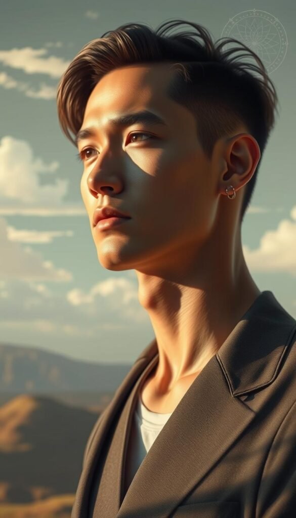 A serene, introspective diplomat gazes thoughtfully into the distance, their expression exuding a calm, measured presence. Soft natural lighting illuminates their features, casting subtle shadows that accentuate their chiseled countenance. The backdrop is a tranquil, ethereal landscape, with wispy clouds drifting across a pastel sky. Subtle, earthy tones and a harmonious color palette evoke a sense of balance and harmony, reflecting the diplomatic nature of the subject. Delicate, spiritually-inspired motifs and patterns subtly accentuate the scene, infusing it with a sense of the divine. The overall composition conveys a sense of inner peace, wisdom, and a deep understanding of the world. A serene, introspective diplomat gazes thoughtfully into the distance, their expression exuding a calm, measured presence. Soft natural lighting illuminates their features, casting subtle shadows that accentuate their chiseled countenance. The backdrop is a tranquil, ethereal landscape, with wispy clouds drifting across a pastel sky. Subtle, earthy tones and a harmonious color palette evoke a sense of balance and harmony, reflecting the diplomatic nature of the subject. Delicate, spiritually-inspired motifs and patterns subtly accentuate the scene, infusing it with a sense of the divine. The overall composition conveys a sense of inner peace, wisdom, and a deep understanding of the world.