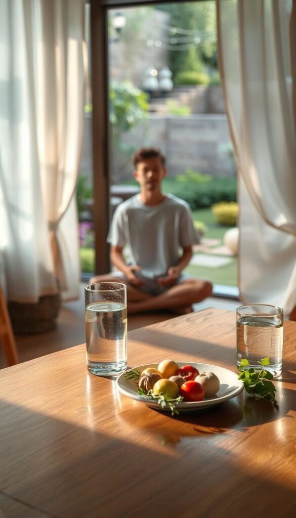 A serene kitchen setting with a wooden table in the foreground, adorned with a simple plate of fresh seasonal produce, a glass of water, and a sprig of fragrant herbs. Soft, natural lighting filters through sheer curtains, casting a warm, meditative glow. In the middle ground, a person sits cross-legged, eyes closed, hands resting gently on their lap, fully immersed in the act of mindful eating. The background features a tranquil garden landscape, with lush greenery and a soothing water feature. The overall atmosphere evokes a sense of calm, presence, and deep appreciation for the nourishing experience of mindful eating. A serene kitchen setting with a wooden table in the foreground, adorned with a simple plate of fresh seasonal produce, a glass of water, and a sprig of fragrant herbs. Soft, natural lighting filters through sheer curtains, casting a warm, meditative glow. In the middle ground, a person sits cross-legged, eyes closed, hands resting gently on their lap, fully immersed in the act of mindful eating. The background features a tranquil garden landscape, with lush greenery and a soothing water feature. The overall atmosphere evokes a sense of calm, presence, and deep appreciation for the nourishing experience of mindful eating.