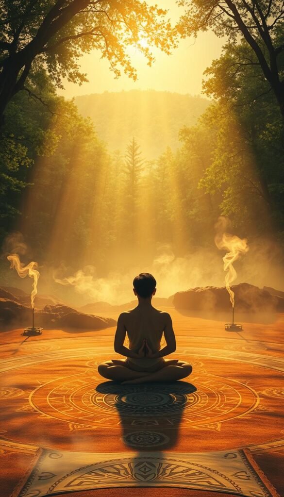 A serene landscape bathed in warm, ethereal light. In the foreground, a person sits cross-legged, eyes closed, hands resting gently on their lap, deeply immersed in meditation. Intricate spiritual symbols and patterns adorn the ground around them, creating a sense of sacred space. In the middle ground, wisps of incense rise, filling the air with a calming fragrance. In the background, a lush, verdant forest stretches out, its canopy of trees reaching towards the sky, symbolizing the connection between the earthly and the divine. The overall atmosphere is one of tranquility, introspection, and a profound sense of inner peace. A serene landscape bathed in warm, ethereal light. In the foreground, a person sits cross-legged, eyes closed, hands resting gently on their lap, deeply immersed in meditation. Intricate spiritual symbols and patterns adorn the ground around them, creating a sense of sacred space. In the middle ground, wisps of incense rise, filling the air with a calming fragrance. In the background, a lush, verdant forest stretches out, its canopy of trees reaching towards the sky, symbolizing the connection between the earthly and the divine. The overall atmosphere is one of tranquility, introspection, and a profound sense of inner peace.