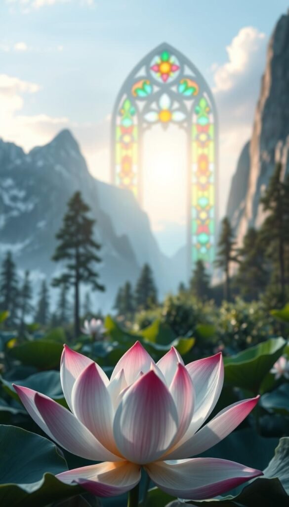 A serene landscape filled with elements of different spiritual traditions. In the foreground, a lotus flower blooms, representing the tranquil mindfulness practiced in Eastern philosophies. In the middle ground, a stained-glass window casts colorful light, evoking the reverence and contemplation found in Abrahamic faiths. In the background, towering mountains reach towards the sky, mirroring the human desire for transcendence and connection to the divine. Soft, diffused lighting illuminates the scene, creating a sense of awe and wonder. The composition is balanced and harmonious, conveying the universal essence of mindfulness and spirituality across diverse traditions. A serene landscape filled with elements of different spiritual traditions. In the foreground, a lotus flower blooms, representing the tranquil mindfulness practiced in Eastern philosophies. In the middle ground, a stained-glass window casts colorful light, evoking the reverence and contemplation found in Abrahamic faiths. In the background, towering mountains reach towards the sky, mirroring the human desire for transcendence and connection to the divine. Soft, diffused lighting illuminates the scene, creating a sense of awe and wonder. The composition is balanced and harmonious, conveying the universal essence of mindfulness and spirituality across diverse traditions.