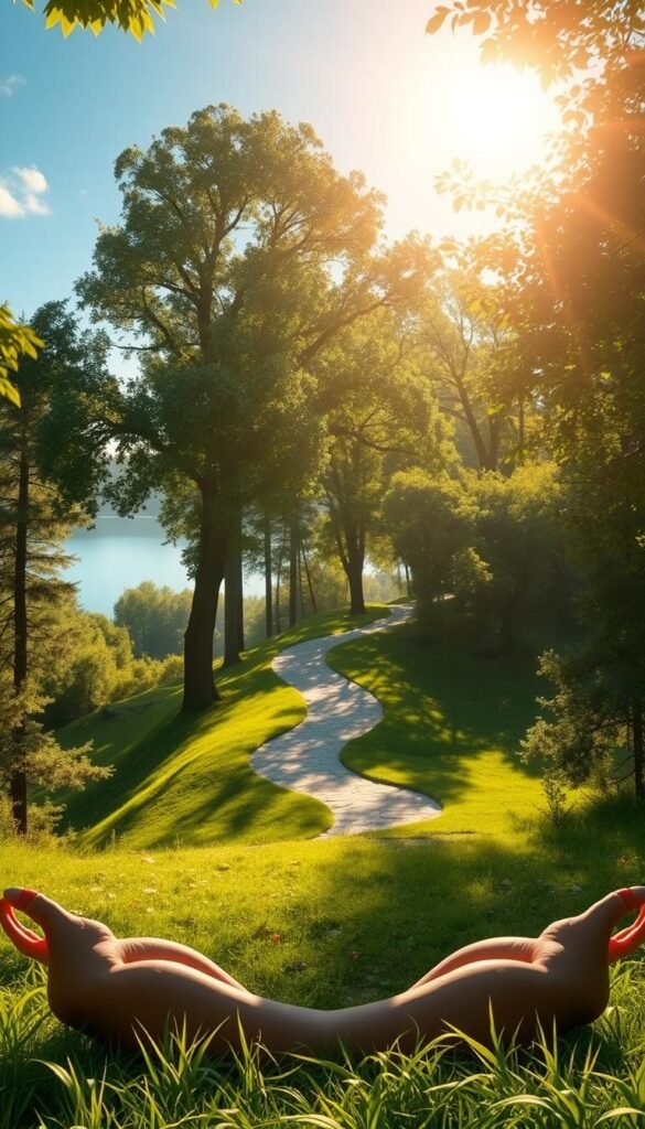A serene landscape with a person meditating in the foreground, surrounded by a lush forest and a clear sky. The sunlight filters through the leaves, creating a warm, calming atmosphere. The person's eyes are closed, their posture relaxed, and a gentle expression of focus and mindfulness adorns their face. In the middle ground, a path winds through the trees, inviting the viewer to join in the contemplative journey. In the background, a tranquil lake reflects the scene, adding a sense of depth and balance. The overall composition conveys a sense of inner peace, focus, and the harmony between the individual and the natural world. A serene landscape with a person meditating in the foreground, surrounded by a lush forest and a clear sky. The sunlight filters through the leaves, creating a warm, calming atmosphere. The person's eyes are closed, their posture relaxed, and a gentle expression of focus and mindfulness adorns their face. In the middle ground, a path winds through the trees, inviting the viewer to join in the contemplative journey. In the background, a tranquil lake reflects the scene, adding a sense of depth and balance. The overall composition conveys a sense of inner peace, focus, and the harmony between the individual and the natural world.