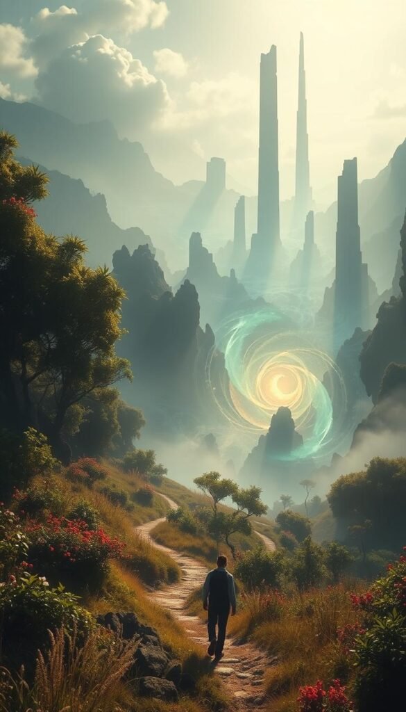 A serene, luminous landscape depicting the common themes of dreams about being chased or lost. In the foreground, a mysterious figure navigates a winding path through lush, ethereal foliage. The middle ground reveals a vast, swirling vortex of colors and shapes, symbolizing the subconscious mind. In the background, towering, abstract structures rise up, casting long shadows over the scene. Soft, diffused lighting bathes the entire composition in a warm, spiritual glow. Dreamlike and evocative, the image conveys a sense of exploration, uncertainty, and the hidden complexities of the human psyche. A serene, luminous landscape depicting the common themes of dreams about being chased or lost. In the foreground, a mysterious figure navigates a winding path through lush, ethereal foliage. The middle ground reveals a vast, swirling vortex of colors and shapes, symbolizing the subconscious mind. In the background, towering, abstract structures rise up, casting long shadows over the scene. Soft, diffused lighting bathes the entire composition in a warm, spiritual glow. Dreamlike and evocative, the image conveys a sense of exploration, uncertainty, and the hidden complexities of the human psyche.