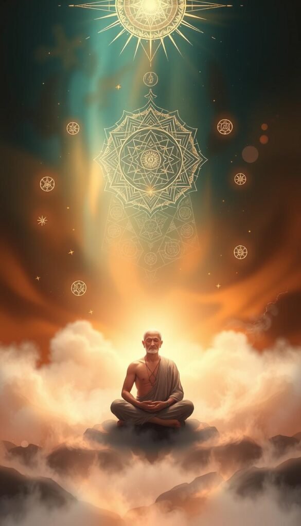 A serene, luminous scene depicting the spiritual significance of master number 33. In the foreground, a wise, enlightened figure sits in a meditative pose, exuding an aura of tranquility and inner wisdom. The figure is surrounded by a soft, diffused light, suggesting a higher state of consciousness. In the middle ground, intricate geometric patterns and symbolic icons float in a dreamlike, ethereal space, hinting at the deep, sacred knowledge associated with this master number. The background is awash in a spectrum of warm, soothing colors, creating an atmosphere of profound contemplation and spiritual awakening. Delicate, wispy brushstrokes and a sense of ethereal, mystical energy pervade the entire composition. A serene, luminous scene depicting the spiritual significance of master number 33. In the foreground, a wise, enlightened figure sits in a meditative pose, exuding an aura of tranquility and inner wisdom. The figure is surrounded by a soft, diffused light, suggesting a higher state of consciousness. In the middle ground, intricate geometric patterns and symbolic icons float in a dreamlike, ethereal space, hinting at the deep, sacred knowledge associated with this master number. The background is awash in a spectrum of warm, soothing colors, creating an atmosphere of profound contemplation and spiritual awakening. Delicate, wispy brushstrokes and a sense of ethereal, mystical energy pervade the entire composition.