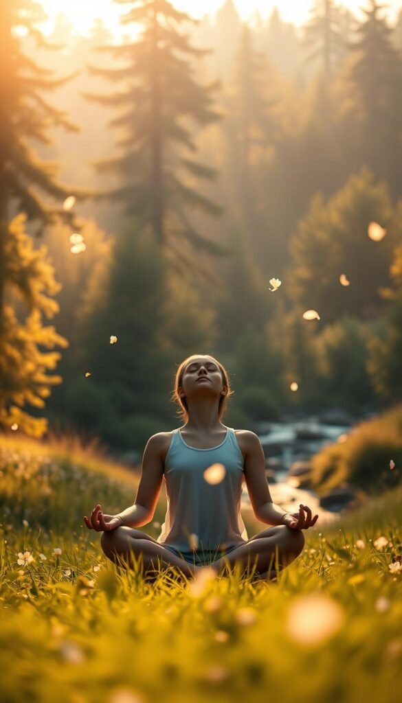 A serene meadow bathed in warm, golden light. In the foreground, a person sits cross-legged, their eyes closed in deep meditation, their expression peaceful and focused. The background features a lush forest, with towering trees and a gently flowing stream. The scene has a dreamlike, spiritual quality, with soft edges and a muted color palette. Delicate flower petals drift through the air, adding to the sense of tranquility. The overall mood is one of mindfulness, introspection, and inner calm. A serene meadow bathed in warm, golden light. In the foreground, a person sits cross-legged, their eyes closed in deep meditation, their expression peaceful and focused. The background features a lush forest, with towering trees and a gently flowing stream. The scene has a dreamlike, spiritual quality, with soft edges and a muted color palette. Delicate flower petals drift through the air, adding to the sense of tranquility. The overall mood is one of mindfulness, introspection, and inner calm.