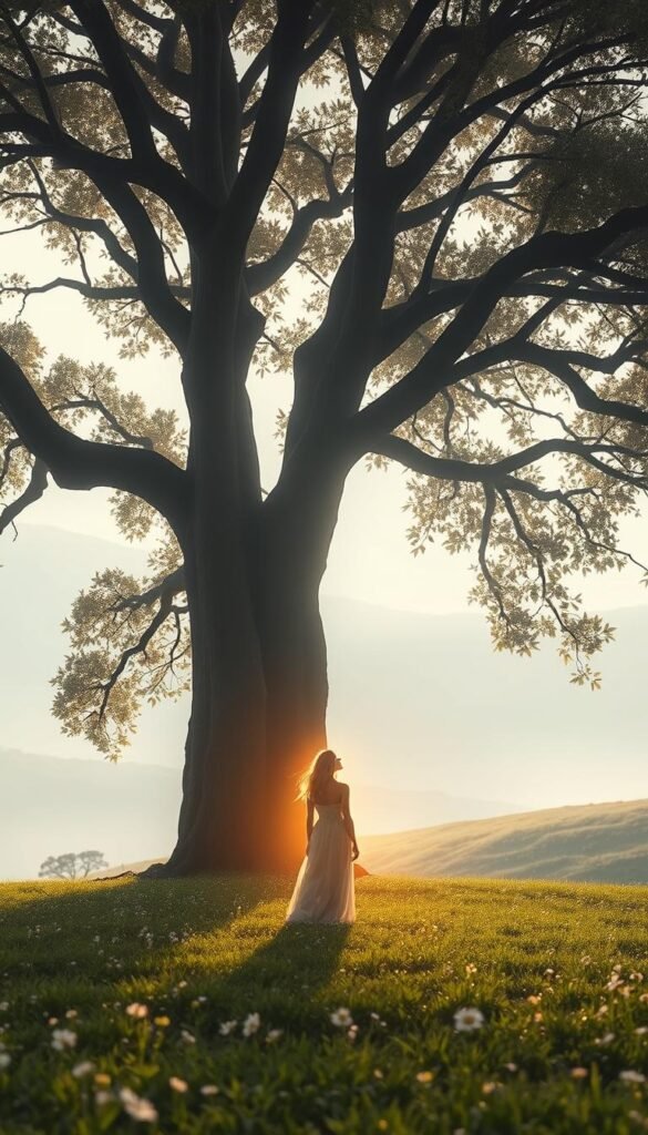 A serene meadow with a towering tree in the foreground, its branches reaching skyward. In the middle ground, a figure stands in a contemplative pose, their body wreathed in a warm, ethereal glow. Behind them, the landscape recedes into a hazy, dreamlike horizon, infused with shimmering light. Soft, diffused lighting bathes the scene, imbuing it with a sense of tranquility and inner reflection. The overall mood is one of transcendence, as the figure overcomes the limitations of their beliefs, embracing a newfound sense of possibility and inner power.