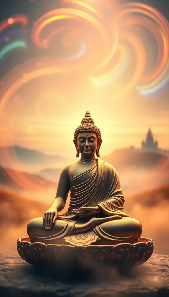 A serene, meditating Buddha statue sits in the foreground, surrounded by an ethereal, softly-lit environment. Intricate golden details adorn the statue, with a peaceful expression and hands resting in a meditative pose. The middle ground features a tranquil, misty landscape with gentle hills and a hint of a distant temple. The background is filled with a vibrant, swirling array of colors, creating a sense of spiritual energy and contemplation. Warm, diffused lighting casts a heavenly glow over the entire scene, inviting the viewer to experience the path to inner peace and compassion. A serene, meditating Buddha statue sits in the foreground, surrounded by an ethereal, softly-lit environment. Intricate golden details adorn the statue, with a peaceful expression and hands resting in a meditative pose. The middle ground features a tranquil, misty landscape with gentle hills and a hint of a distant temple. The background is filled with a vibrant, swirling array of colors, creating a sense of spiritual energy and contemplation. Warm, diffused lighting casts a heavenly glow over the entire scene, inviting the viewer to experience the path to inner peace and compassion.