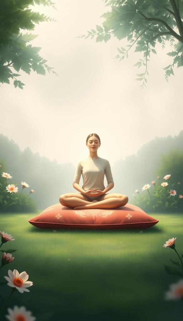 A serene meditation cushion sits in a tranquil garden, surrounded by lush greenery and blooming flowers. Soft, diffused lighting bathes the scene, creating a calming atmosphere. In the center, a person is seated in a lotus position, eyes closed, hands resting gently on their lap. An aura of peace and focus emanates from the meditator, inviting the viewer to slow down and connect with their inner self. The landscape is painted in a spiritual, ethereal style, with muted colors and a sense of timelessness. This image captures the essence of mindfulness meditation, encouraging introspection and a journey towards inner harmony. A serene meditation cushion sits in a tranquil garden, surrounded by lush greenery and blooming flowers. Soft, diffused lighting bathes the scene, creating a calming atmosphere. In the center, a person is seated in a lotus position, eyes closed, hands resting gently on their lap. An aura of peace and focus emanates from the meditator, inviting the viewer to slow down and connect with their inner self. The landscape is painted in a spiritual, ethereal style, with muted colors and a sense of timelessness. This image captures the essence of mindfulness meditation, encouraging introspection and a journey towards inner harmony.