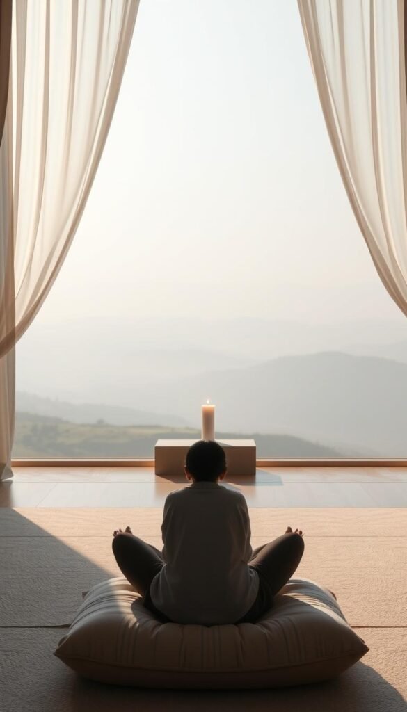 A serene meditation room with soft natural lighting filtering through sheer curtains. In the foreground, a person sits cross-legged on a plush cushion, eyes closed in deep concentration, overcoming the challenges of a busy mind. Subtle hints of energy ripple outward, visualizing the process of mindfulness. The middle ground features a minimalist altar with a single flickering candle, creating a calming ambiance. In the background, a hazy, dreamlike landscape with rolling hills and a distant horizon, evoking a sense of tranquility and inner peace. The overall atmosphere is one of tranquility, focus, and the triumph of mindfulness over life's distractions. A serene meditation room with soft natural lighting filtering through sheer curtains. In the foreground, a person sits cross-legged on a plush cushion, eyes closed in deep concentration, overcoming the challenges of a busy mind. Subtle hints of energy ripple outward, visualizing the process of mindfulness. The middle ground features a minimalist altar with a single flickering candle, creating a calming ambiance. In the background, a hazy, dreamlike landscape with rolling hills and a distant horizon, evoking a sense of tranquility and inner peace. The overall atmosphere is one of tranquility, focus, and the triumph of mindfulness over life's distractions.