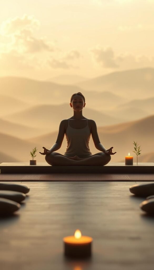 A serene meditation scene with a tranquil, contemplative atmosphere. In the foreground, a person sits cross-legged in a lotus position, eyes closed and hands resting gently on their lap, radiating an aura of inner peace. The middle ground features a minimalist, zen-inspired setting with clean lines and natural elements like smooth river stones, a small bamboo plant, and the soft glow of a candle. The background showcases a hazy, dreamlike landscape with rolling hills, wispy clouds, and a warm, golden light that bathes the entire scene in a calming, spiritual ambiance. Soft, diffused lighting and a shallow depth of field create a sense of focus and depth, drawing the viewer's attention to the central figure and the practice of mindfulness. A serene meditation scene with a tranquil, contemplative atmosphere. In the foreground, a person sits cross-legged in a lotus position, eyes closed and hands resting gently on their lap, radiating an aura of inner peace. The middle ground features a minimalist, zen-inspired setting with clean lines and natural elements like smooth river stones, a small bamboo plant, and the soft glow of a candle. The background showcases a hazy, dreamlike landscape with rolling hills, wispy clouds, and a warm, golden light that bathes the entire scene in a calming, spiritual ambiance. Soft, diffused lighting and a shallow depth of field create a sense of focus and depth, drawing the viewer's attention to the central figure and the practice of mindfulness.