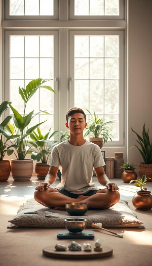 A serene meditation studio with soft, natural lighting filtering through large windows. In the foreground, an individual sits cross-legged on a plush cushion, their hands resting gently on their knees, eyes closed in tranquil focus. Lush, potted plants adorn the space, adding to the calming ambiance. In the middle ground, various meditation tools and accessories are arranged, including incense, crystals, and a singing bowl. The background features a minimalist, zen-inspired decor with neutral tones and clean lines, creating a harmonious, contemplative atmosphere. A serene meditation studio with soft, natural lighting filtering through large windows. In the foreground, an individual sits cross-legged on a plush cushion, their hands resting gently on their knees, eyes closed in tranquil focus. Lush, potted plants adorn the space, adding to the calming ambiance. In the middle ground, various meditation tools and accessories are arranged, including incense, crystals, and a singing bowl. The background features a minimalist, zen-inspired decor with neutral tones and clean lines, creating a harmonious, contemplative atmosphere.