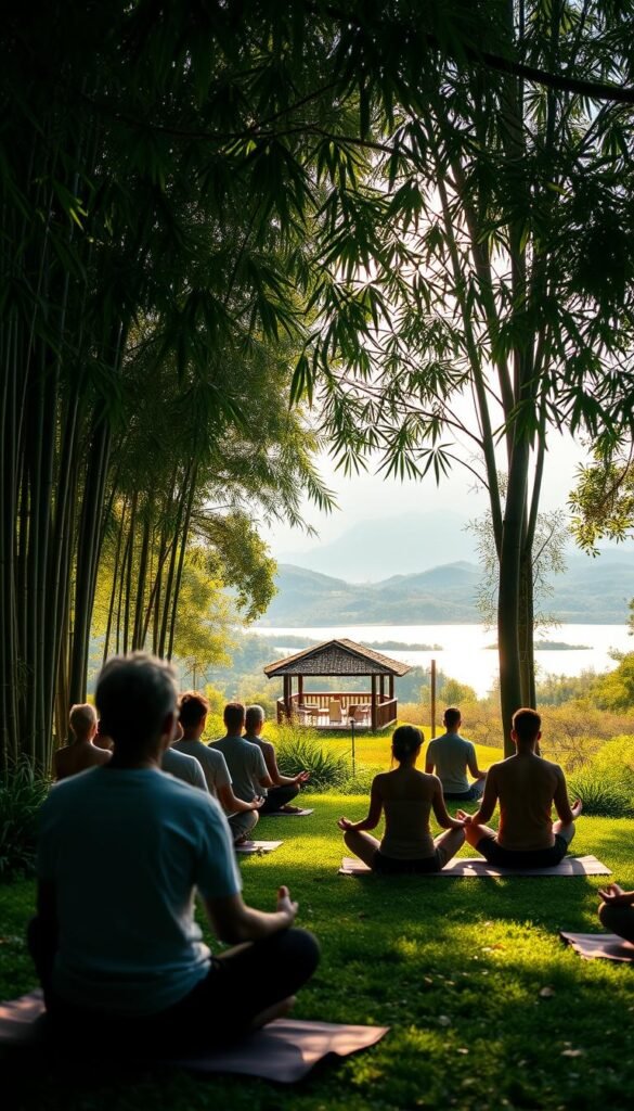 A serene meditation yoga retreat nestled in a lush, verdant landscape. The foreground features a group of people sitting in lotus position, their eyes closed in deep contemplation. Warm, muted lighting filters through towering bamboo groves, casting a tranquil glow. In the middle ground, an open-air pavilion with a thatched roof offers a peaceful space for guided practices. Distant rolling hills and a sparkling lake create a picturesque backdrop, evoking a sense of tranquility and connection with nature. The overall atmosphere is one of spiritual rejuvenation, where the mind and body find balance through the union of mindfulness and movement. A serene meditation yoga retreat nestled in a lush, verdant landscape. The foreground features a group of people sitting in lotus position, their eyes closed in deep contemplation. Warm, muted lighting filters through towering bamboo groves, casting a tranquil glow. In the middle ground, an open-air pavilion with a thatched roof offers a peaceful space for guided practices. Distant rolling hills and a sparkling lake create a picturesque backdrop, evoking a sense of tranquility and connection with nature. The overall atmosphere is one of spiritual rejuvenation, where the mind and body find balance through the union of mindfulness and movement.