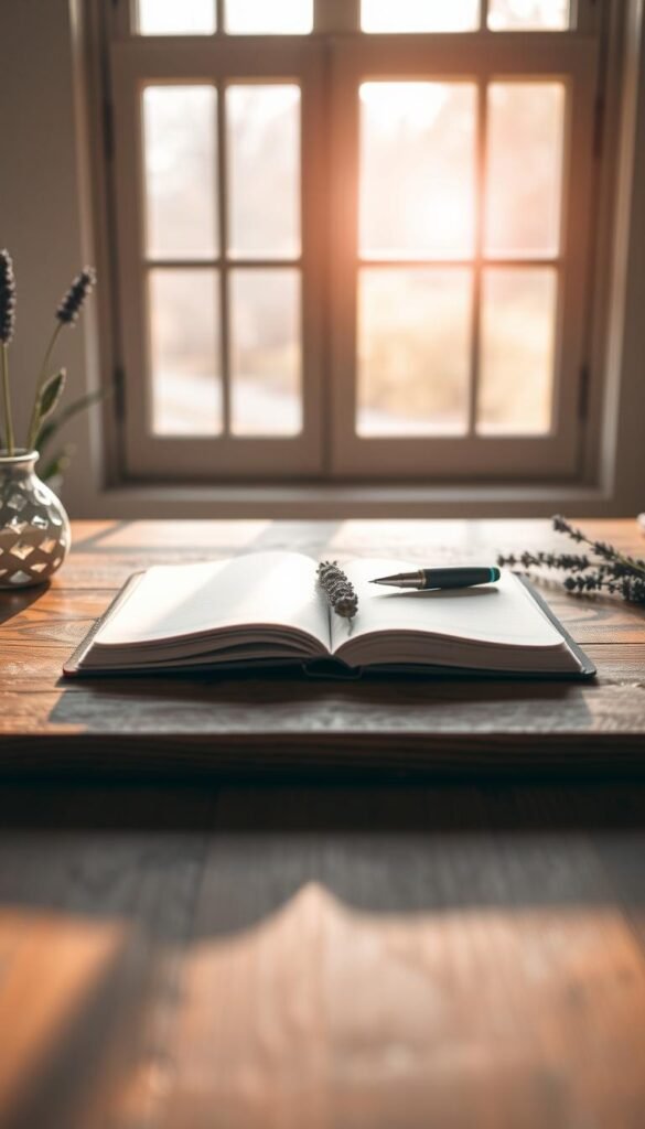 A serene, meditative scene of a wooden desk with an open journal, a calligraphy pen, and a sprig of lavender. Natural light filters in through a large window, casting a warm glow on the scene. The journal pages are blank, inviting the viewer to begin their mindfulness journaling journey. Soft, earthy tones create a calming, spiritual atmosphere, while the clean, minimalist composition reflects the clarity and focus of the practice. A sense of tranquility and new beginnings pervades the image. A serene, meditative scene of a wooden desk with an open journal, a calligraphy pen, and a sprig of lavender. Natural light filters in through a large window, casting a warm glow on the scene. The journal pages are blank, inviting the viewer to begin their mindfulness journaling journey. Soft, earthy tones create a calming, spiritual atmosphere, while the clean, minimalist composition reflects the clarity and focus of the practice. A sense of tranquility and new beginnings pervades the image.