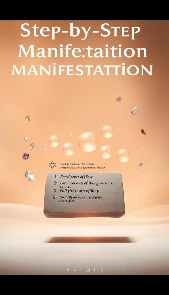 A serene, minimalist composition depicting a step-by-step guide to effective manifestation rituals. In the foreground, a levitating stone tablet outlines the key stages in an elegant, calligraphic script. Surrounding it, crystals, gemstones, and mystical sigils float in a hazy, dreamlike atmosphere. The middle ground features a group of glowing, translucent orbs in varying sizes, representing the flow of energy and the transformative journey. The background is a soft, pastel-tinted gradient, evoking a sense of transcendence and spiritual awakening. Warm, diffused lighting casts a harmonious, meditative glow over the entire scene. The resulting image has a refined, ethereal quality, perfectly capturing the essence of the "Step-by-Step Manifestation Guide" section. A serene, minimalist composition depicting a step-by-step guide to effective manifestation rituals. In the foreground, a levitating stone tablet outlines the key stages in an elegant, calligraphic script. Surrounding it, crystals, gemstones, and mystical sigils float in a hazy, dreamlike atmosphere. The middle ground features a group of glowing, translucent orbs in varying sizes, representing the flow of energy and the transformative journey. The background is a soft, pastel-tinted gradient, evoking a sense of transcendence and spiritual awakening. Warm, diffused lighting casts a harmonious, meditative glow over the entire scene. The resulting image has a refined, ethereal quality, perfectly capturing the essence of the "Step-by-Step Manifestation Guide" section.