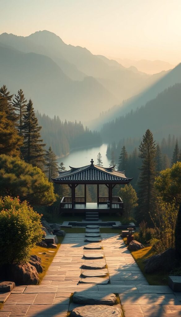 A serene, minimalist landscape bathed in warm, soft lighting. In the foreground, a secluded wooden meditation pavilion nestled amidst lush, verdant foliage. Gently cascading water features and smooth stone pathways guide the eye towards the central focal point. The middle ground reveals a tranquil lake reflecting the surrounding mountains and pine forests. In the distance, a gently hazy horizon imbues the scene with a sense of timelessness and contemplation. An atmosphere of profound stillness and inner peace permeates the entire composition. A serene, minimalist landscape bathed in warm, soft lighting. In the foreground, a secluded wooden meditation pavilion nestled amidst lush, verdant foliage. Gently cascading water features and smooth stone pathways guide the eye towards the central focal point. The middle ground reveals a tranquil lake reflecting the surrounding mountains and pine forests. In the distance, a gently hazy horizon imbues the scene with a sense of timelessness and contemplation. An atmosphere of profound stillness and inner peace permeates the entire composition.