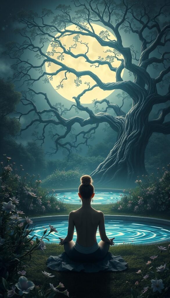 A serene moonlit garden, bathed in a soft, ethereal glow. In the foreground, a lone figure sits in a meditative pose, their eyes closed, hands resting gently on their lap. Around them, delicate flowers bloom, their petals swaying in a gentle breeze. In the middle ground, a shimmering pool of water reflects the night sky, its surface rippling with subtle movements. In the background, a towering tree with twisted, gnarled branches reaches up towards the heavens, its leaves casting intricate shadows across the scene. The atmosphere is one of tranquility and inner peace, inviting the viewer to find solace and emotional healing within this sacred, moonlit space. A serene moonlit garden, bathed in a soft, ethereal glow. In the foreground, a lone figure sits in a meditative pose, their eyes closed, hands resting gently on their lap. Around them, delicate flowers bloom, their petals swaying in a gentle breeze. In the middle ground, a shimmering pool of water reflects the night sky, its surface rippling with subtle movements. In the background, a towering tree with twisted, gnarled branches reaches up towards the heavens, its leaves casting intricate shadows across the scene. The atmosphere is one of tranquility and inner peace, inviting the viewer to find solace and emotional healing within this sacred, moonlit space.