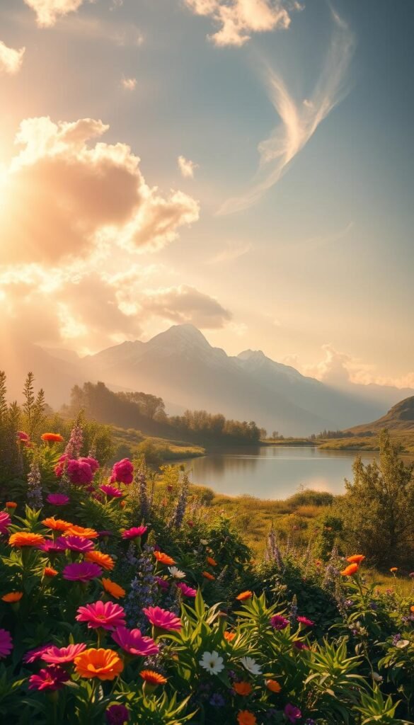 A serene natural landscape, bathed in warm golden light filtering through wispy clouds. In the foreground, a thriving garden bursting with vibrant flowers and lush foliage, symbolizing the abundance and vitality of positive influences. In the middle ground, a tranquil pond reflects the sky, creating a sense of balance and inner peace. In the background, majestic mountains rise up, their snow-capped peaks touching the heavens, evoking a sense of spiritual elevation and connection. The overall scene exudes a calming, meditative atmosphere, inviting the viewer to find solace and inspiration in the power of positive environmental influences. A serene natural landscape, bathed in warm golden light filtering through wispy clouds. In the foreground, a thriving garden bursting with vibrant flowers and lush foliage, symbolizing the abundance and vitality of positive influences. In the middle ground, a tranquil pond reflects the sky, creating a sense of balance and inner peace. In the background, majestic mountains rise up, their snow-capped peaks touching the heavens, evoking a sense of spiritual elevation and connection. The overall scene exudes a calming, meditative atmosphere, inviting the viewer to find solace and inspiration in the power of positive environmental influences.