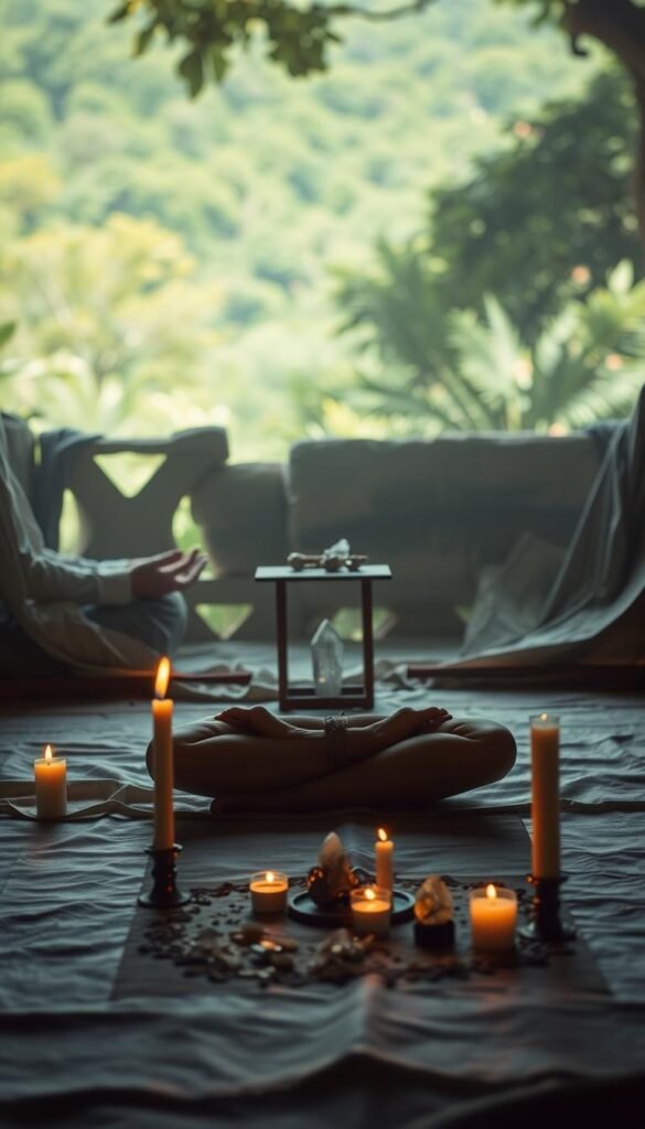 A serene, natural setting with a central figure performing a daily ritual. Soft, diffused lighting illuminates the scene, casting gentle shadows. In the foreground, a person sits cross-legged, eyes closed, hands resting on their lap in a meditative pose. Candles flicker nearby, their flames dancing. In the middle ground, a small altar or table holds symbolic objects - crystals, incense, and other spiritual items. The background reveals a lush, verdant landscape, perhaps a garden or secluded outdoor space, conveying a sense of tranquility and connection to the natural world. The overall tone is one of mindfulness, introspection, and the profound significance of everyday rituals in daily life. A serene, natural setting with a central figure performing a daily ritual. Soft, diffused lighting illuminates the scene, casting gentle shadows. In the foreground, a person sits cross-legged, eyes closed, hands resting on their lap in a meditative pose. Candles flicker nearby, their flames dancing. In the middle ground, a small altar or table holds symbolic objects - crystals, incense, and other spiritual items. The background reveals a lush, verdant landscape, perhaps a garden or secluded outdoor space, conveying a sense of tranquility and connection to the natural world. The overall tone is one of mindfulness, introspection, and the profound significance of everyday rituals in daily life.
