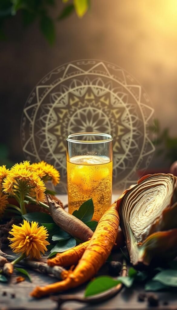 A serene, nature-inspired scene depicting the process of liver cleansing. In the foreground, an array of vibrant herbal ingredients - dandelion roots, milk thistle, turmeric, and artichoke leaves - are artfully arranged, conveying the holistic, botanical nature of liver detoxification. In the middle ground, a glass container filled with a golden, effervescent liquid symbolizes the rejuvenating power of a liver cleanse. Bathed in warm, soft lighting, the scene evokes a sense of tranquility and well-being. The background features a muted, nature-inspired backdrop, with subtle hints of greenery and earthy tones, reinforcing the organic, restorative theme. An intricate, mandala-inspired design subtly overlays the composition, adding a touch of mysticism and spirituality to the image. A serene, nature-inspired scene depicting the process of liver cleansing. In the foreground, an array of vibrant herbal ingredients - dandelion roots, milk thistle, turmeric, and artichoke leaves - are artfully arranged, conveying the holistic, botanical nature of liver detoxification. In the middle ground, a glass container filled with a golden, effervescent liquid symbolizes the rejuvenating power of a liver cleanse. Bathed in warm, soft lighting, the scene evokes a sense of tranquility and well-being. The background features a muted, nature-inspired backdrop, with subtle hints of greenery and earthy tones, reinforcing the organic, restorative theme. An intricate, mandala-inspired design subtly overlays the composition, adding a touch of mysticism and spirituality to the image.