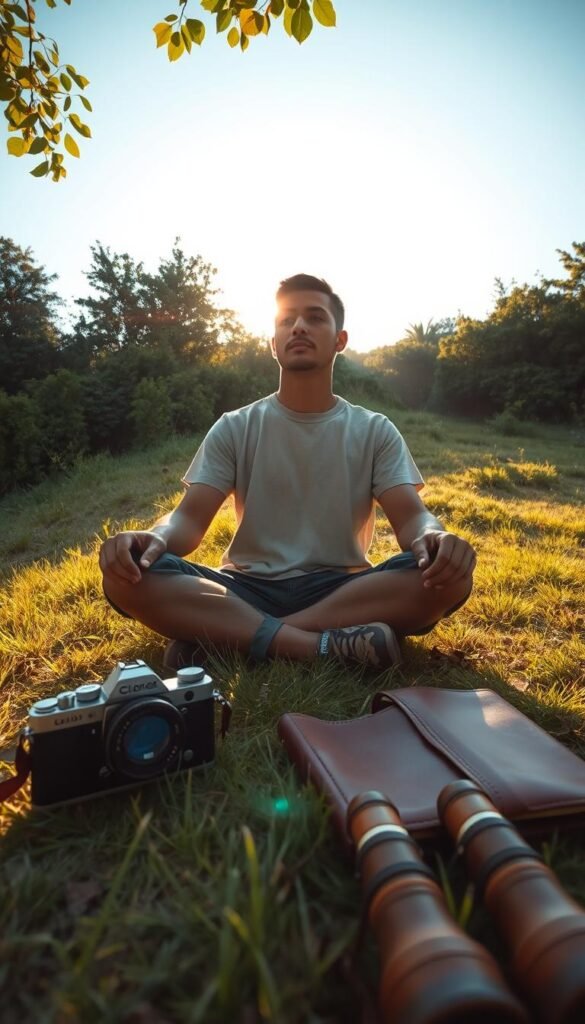 A serene outdoor scene with a person sitting cross-legged on a grassy knoll, surrounded by lush greenery and a clear blue sky. Warm sunlight filters through the leaves, casting a soft, natural glow. In the foreground, various analog devices are neatly arranged - a vintage camera, a leather-bound journal, and a pair of wooden binoculars. The person's expression is one of deep contemplation, a sense of reconnection with the simple, tactile pleasures of the physical world. The overall mood is one of tranquility, introspection, and a renewed appreciation for the analog experience. A serene outdoor scene with a person sitting cross-legged on a grassy knoll, surrounded by lush greenery and a clear blue sky. Warm sunlight filters through the leaves, casting a soft, natural glow. In the foreground, various analog devices are neatly arranged - a vintage camera, a leather-bound journal, and a pair of wooden binoculars. The person's expression is one of deep contemplation, a sense of reconnection with the simple, tactile pleasures of the physical world. The overall mood is one of tranquility, introspection, and a renewed appreciation for the analog experience.