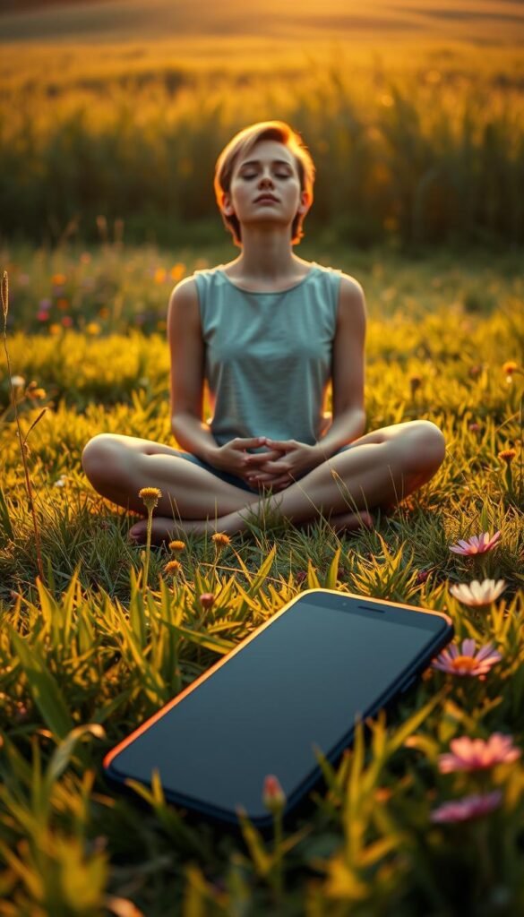 A serene pastoral scene, with a person sitting cross-legged in a meadow, eyes closed, hands resting on their lap, surrounded by lush greenery and vibrant wildflowers. In the foreground, a smartphone sits abandoned on the grass, its screen dark, symbolizing a break from digital distractions. The warm, golden light of the setting sun bathes the scene, creating a sense of tranquility and mindfulness. The composition emphasizes the contrast between the person's calm, meditative state and the disconnected device, conveying the idea of embracing a digital detox for a more mindful existence. A serene pastoral scene, with a person sitting cross-legged in a meadow, eyes closed, hands resting on their lap, surrounded by lush greenery and vibrant wildflowers. In the foreground, a smartphone sits abandoned on the grass, its screen dark, symbolizing a break from digital distractions. The warm, golden light of the setting sun bathes the scene, creating a sense of tranquility and mindfulness. The composition emphasizes the contrast between the person's calm, meditative state and the disconnected device, conveying the idea of embracing a digital detox for a more mindful existence.