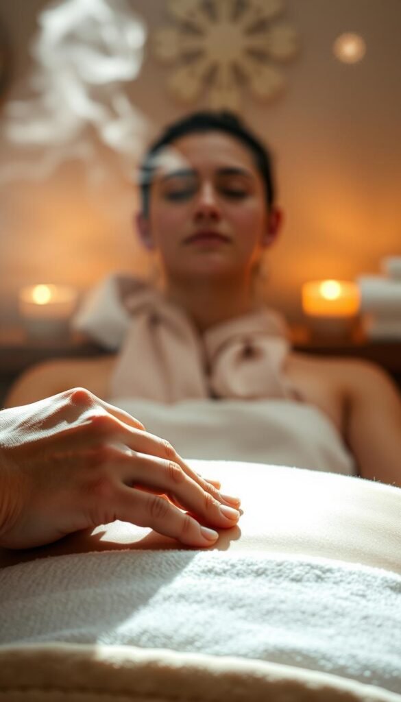 A serene scene of a person receiving a lymphatic drainage massage, capturing the calming essence of the practice. In the foreground, a gentle hand kneads the skin, encouraging the flow of lymph. The middle ground depicts the recipient's face, eyes closed in tranquil meditation. The background features a softly lit, ethereal setting, perhaps a spa-like environment with wisps of steam and muted tones. The lighting is warm and diffused, creating an atmosphere of relaxation and rejuvenation. The image conveys the therapeutic nature of lymphatic drainage, promoting the body's natural detoxification processes. Spiritual elements, such as abstract energy patterns or subtle symbolic motifs, add a deeper layer of meaning to the scene. A serene scene of a person receiving a lymphatic drainage massage, capturing the calming essence of the practice. In the foreground, a gentle hand kneads the skin, encouraging the flow of lymph. The middle ground depicts the recipient's face, eyes closed in tranquil meditation. The background features a softly lit, ethereal setting, perhaps a spa-like environment with wisps of steam and muted tones. The lighting is warm and diffused, creating an atmosphere of relaxation and rejuvenation. The image conveys the therapeutic nature of lymphatic drainage, promoting the body's natural detoxification processes. Spiritual elements, such as abstract energy patterns or subtle symbolic motifs, add a deeper layer of meaning to the scene.