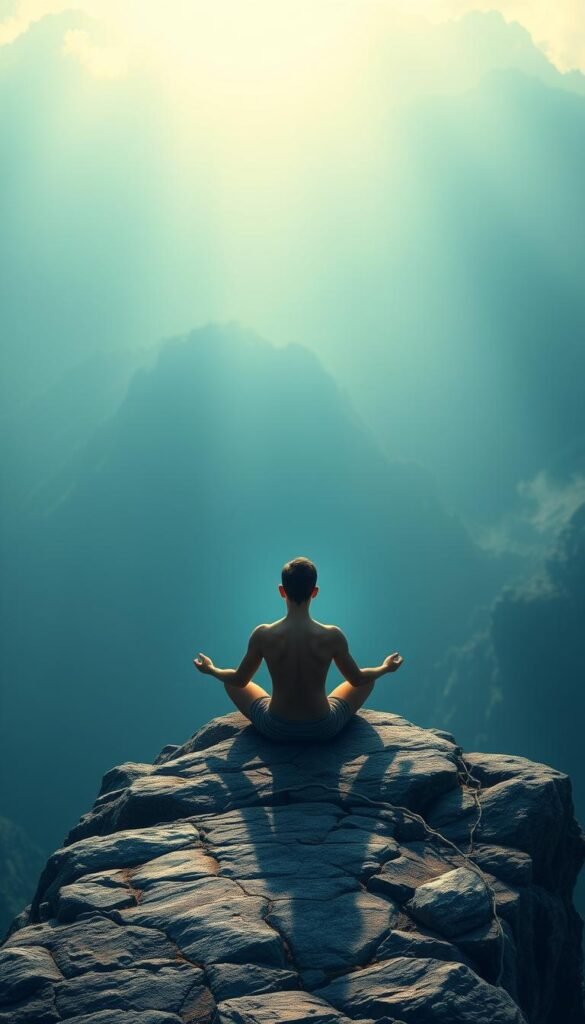 A serene scene of a person sitting in lotus position on a rocky cliff, facing the vast expanse of a misty, mountainous landscape. Diffused lighting gently illuminates the figure, casting a soft, contemplative glow. The pose exudes a sense of deep focus and inner calm, as the meditator appears to be in a state of profound mindfulness. Ethereal wisps of energy radiate outward, creating an aura of spiritual transcendence. Vibrant, saturated hues of blues, greens, and purples blend seamlessly, evoking a dreamlike, transcendent quality. The composition is balanced and harmonious, drawing the viewer's attention to the central figure and the tranquil, meditative atmosphere. A serene scene of a person sitting in lotus position on a rocky cliff, facing the vast expanse of a misty, mountainous landscape. Diffused lighting gently illuminates the figure, casting a soft, contemplative glow. The pose exudes a sense of deep focus and inner calm, as the meditator appears to be in a state of profound mindfulness. Ethereal wisps of energy radiate outward, creating an aura of spiritual transcendence. Vibrant, saturated hues of blues, greens, and purples blend seamlessly, evoking a dreamlike, transcendent quality. The composition is balanced and harmonious, drawing the viewer's attention to the central figure and the tranquil, meditative atmosphere.